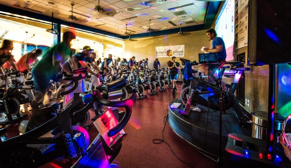 stages flight indoor cycling class at club greenwood