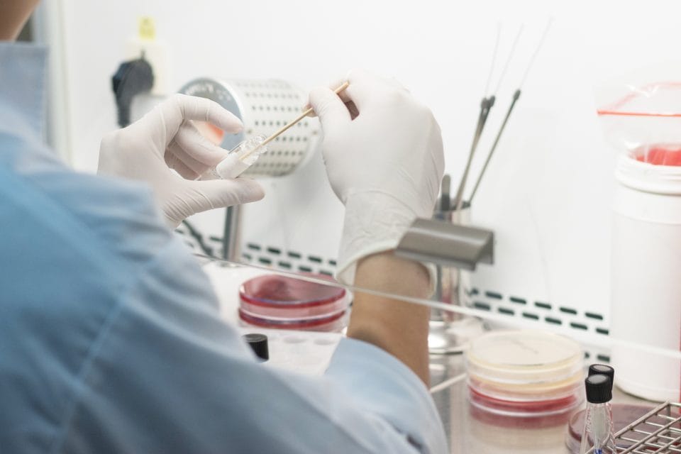 scientist doing research in a lab with blood samples