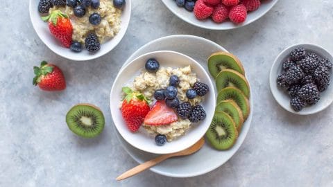 fruit and oatmeal on a table