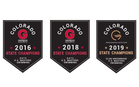 Three Masters swim team banners celebrating state championship wins