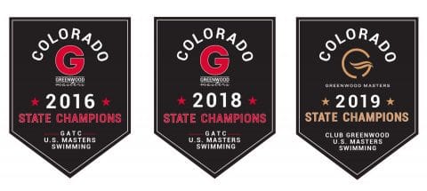 Three Masters swim team banners celebrating state championship wins
