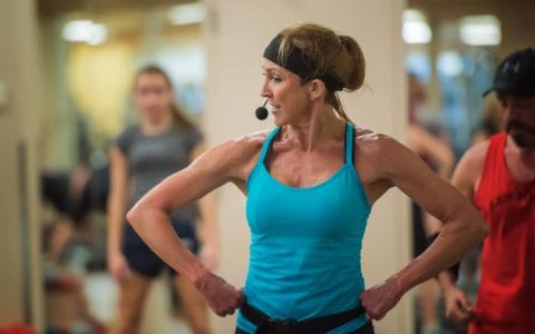 Andrea Morris teaching a group fitness class