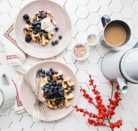 Waffles with berries and coffee