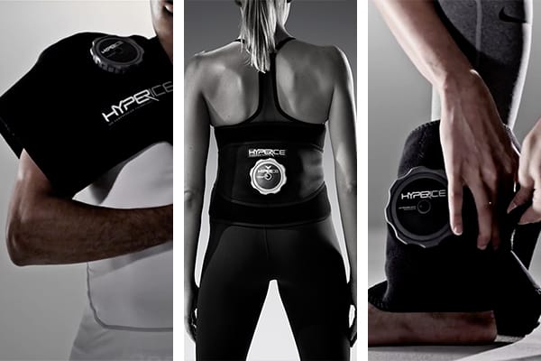 People wearing the Hyperice shoulder wrap, back wrap and utility wrap.
