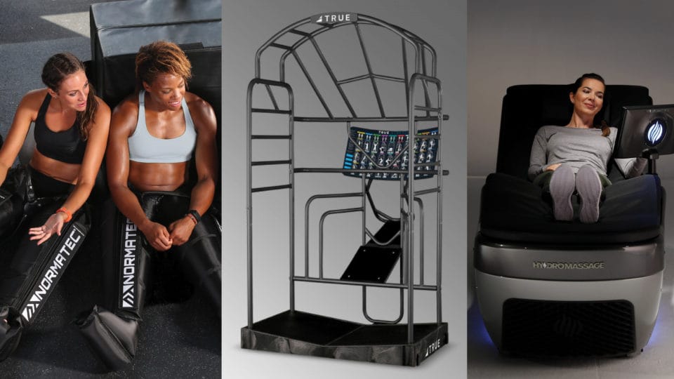 people sitting in normatec recovery boots, an empty True Stretch cage, and a woman sitting in a hydromassage lounge chair.