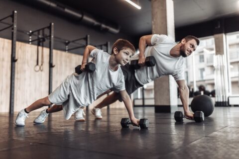 family fitness challenge, father and son working out together