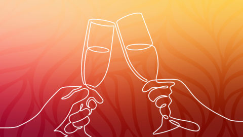 outline illustration of two people clinking champagne glasses with