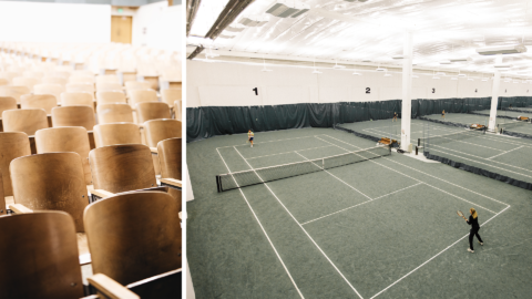 people playing tennis on indoor clay courts