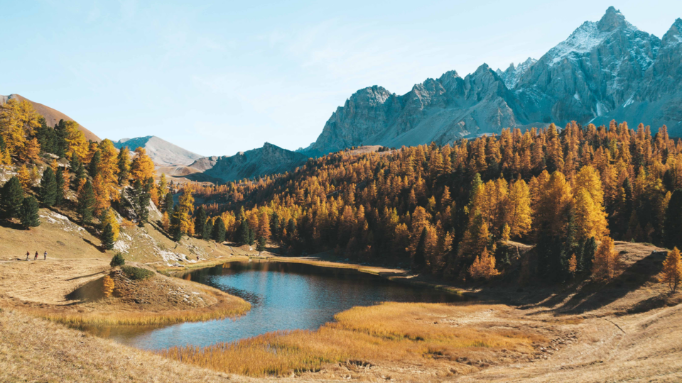 wide landscape photograph of serene mountainscape during fall