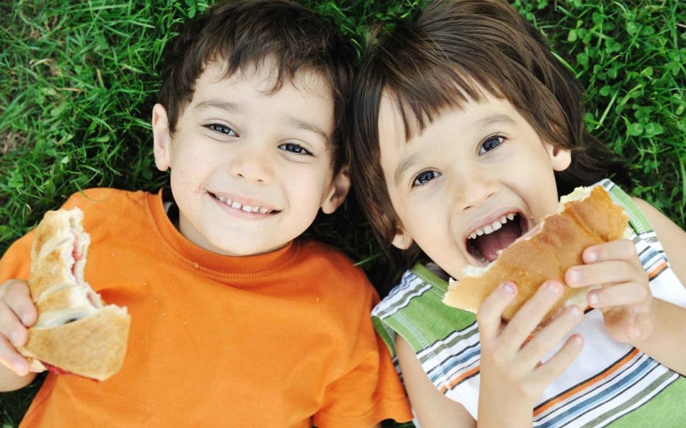 two little boys laying down on grass smiling and eating sandwiches