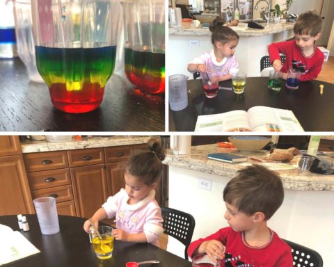 kids making rainbow in a cup with jello